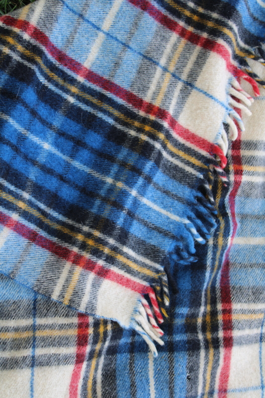 photo of vintage Wool O The West woven plaid camp blanket, all wool fringed throw blue red white tartan #5