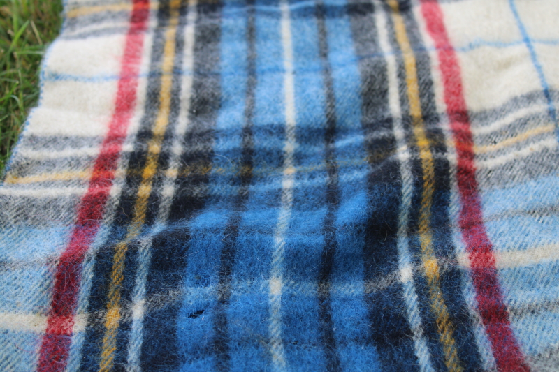 photo of vintage Wool O The West woven plaid camp blanket, all wool fringed throw blue red white tartan #6