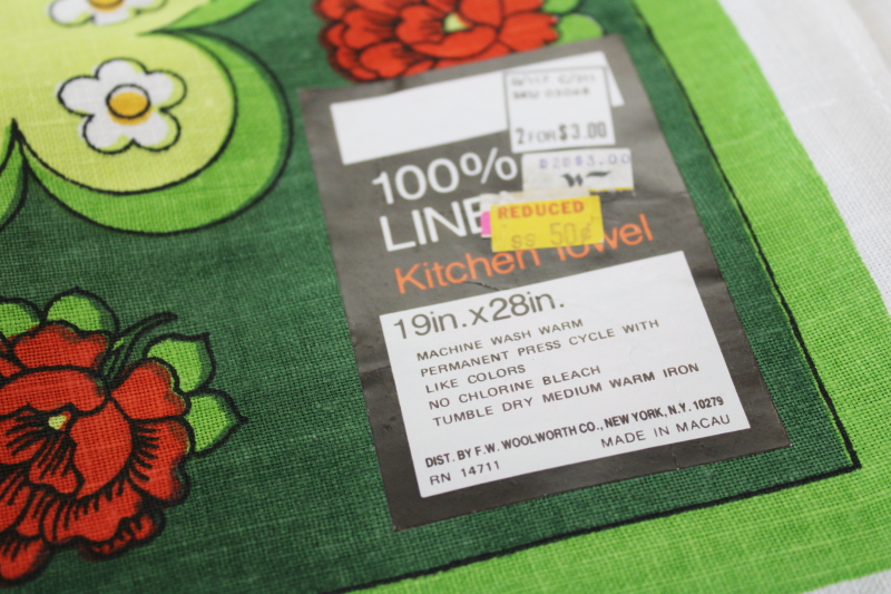 photo of vintage Woolworths linen kitchen tea towels, bright boho flowered print on lime green #2