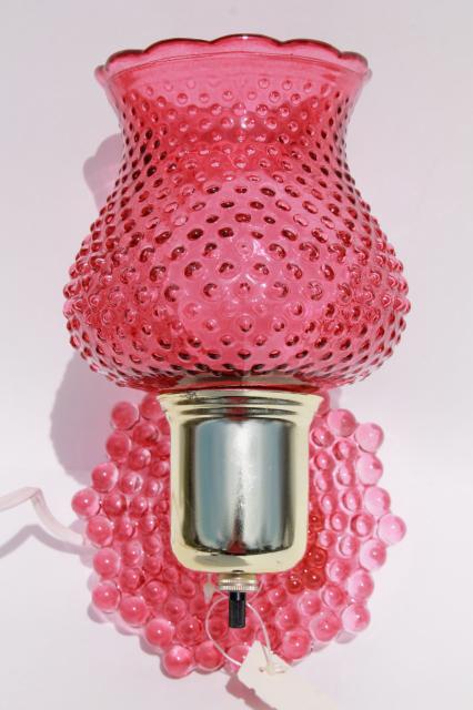 photo of vintage Woolworth's tag pin up wall sconce lamp, cranberry glass pink stain hobnail glass #1