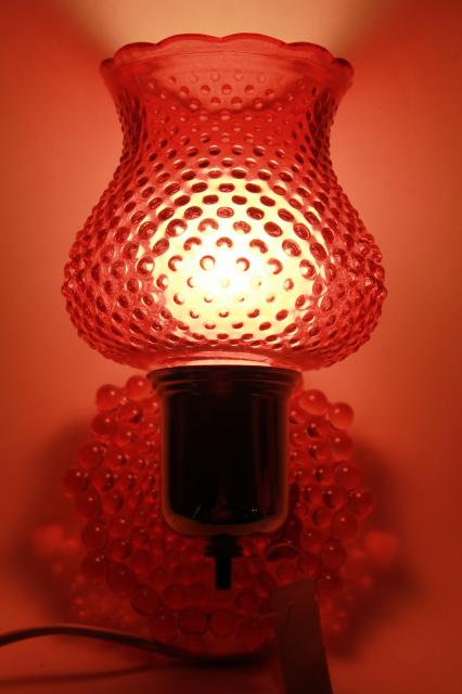 photo of vintage Woolworth's tag pin up wall sconce lamp, cranberry glass pink stain hobnail glass #2