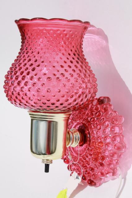 photo of vintage Woolworth's tag pin up wall sconce lamp, cranberry glass pink stain hobnail glass #3