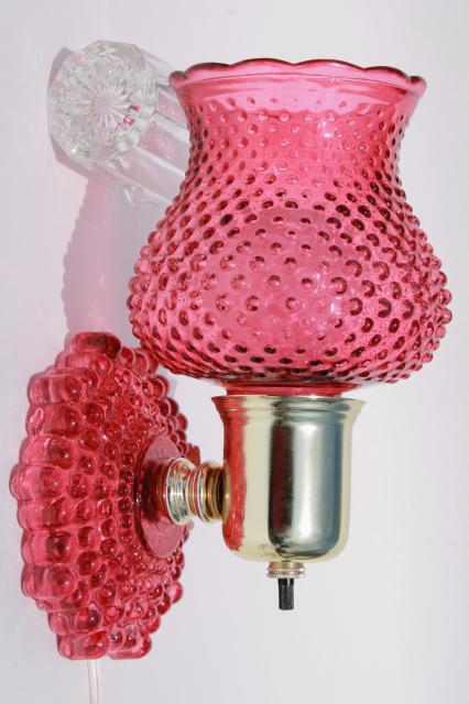 photo of vintage Woolworth's tag pin up wall sconce lamp, cranberry glass pink stain hobnail glass #4