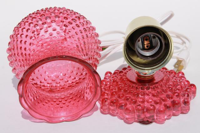 photo of vintage Woolworth's tag pin up wall sconce lamp, cranberry glass pink stain hobnail glass #6