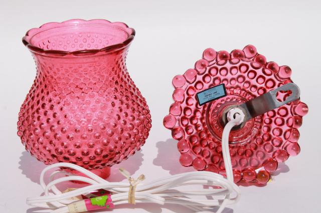 photo of vintage Woolworth's tag pin up wall sconce lamp, cranberry glass pink stain hobnail glass #7