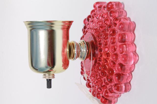 photo of vintage Woolworth's tag pin up wall sconce lamp, cranberry glass pink stain hobnail glass #8