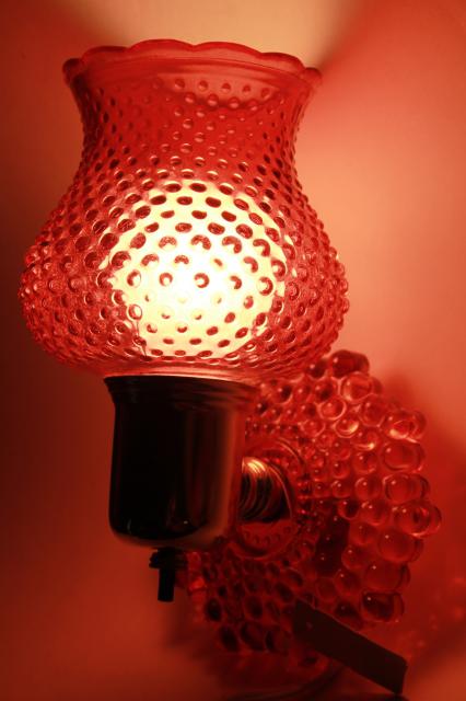 photo of vintage Woolworth's tag pin up wall sconce lamp, cranberry glass pink stain hobnail glass #9