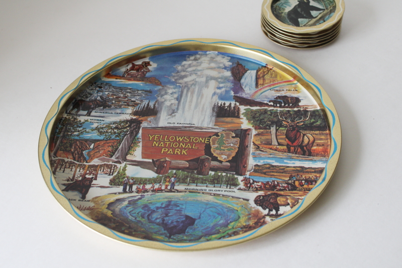 photo of vintage Yellowstone National Park souvenir print metal tray & black bear coasters set  #8