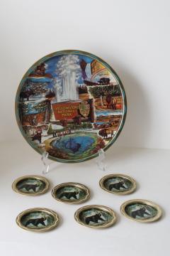 catalog photo of vintage Yellowstone National Park souvenir print metal tray & black bear coasters set 