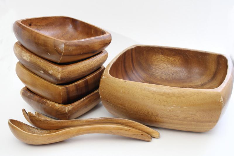 photo of vintage acacia wood salad set, square bowls & servers, mid-century mod #1