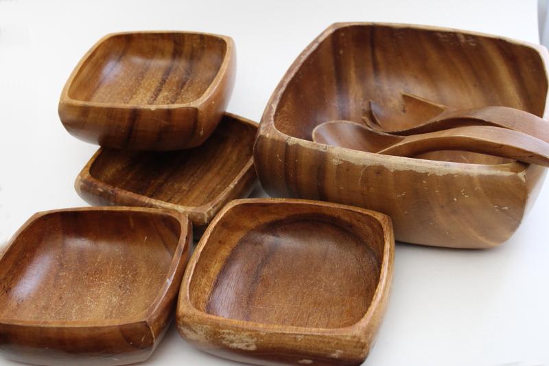 photo of vintage acacia wood salad set, square bowls & servers, mid-century mod #6