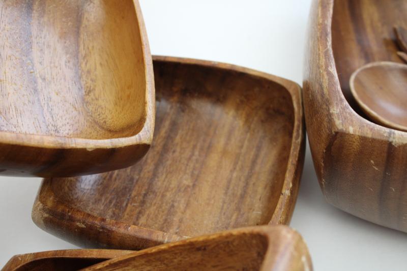 photo of vintage acacia wood salad set, square bowls & servers, mid-century mod #8