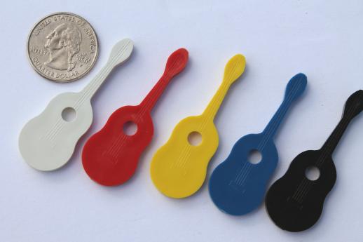 photo of vintage acoustic guitar plastic novelty charms, music festival junk jewelry new old stock lot #2