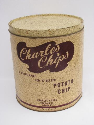 photo of vintage advertising potato chip tin, large old can from Charles Chips #1