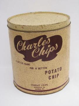 catalog photo of vintage advertising potato chip tin, large old can from Charles Chips