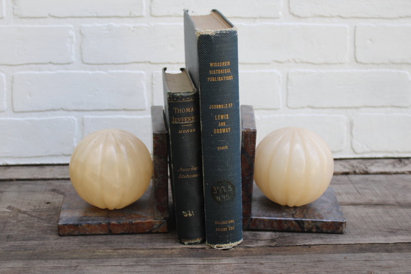 photo of vintage alabaster marble bookends, round globe orb shape book ends  #1