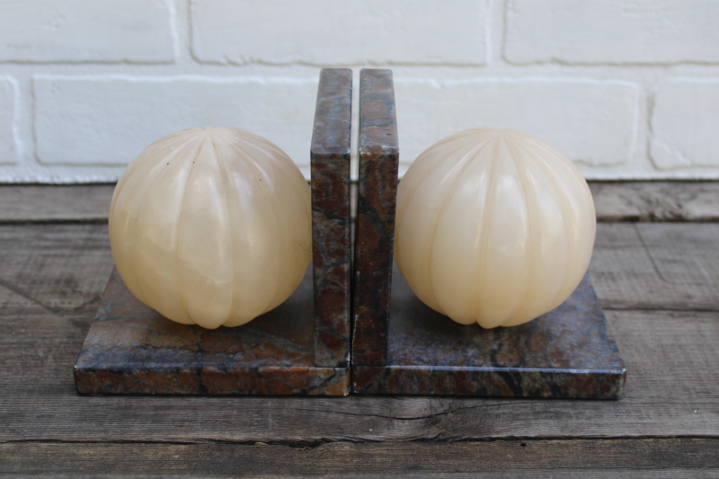 photo of vintage alabaster marble bookends, round globe orb shape book ends #2