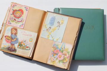 catalog photo of vintage albums of old greeting cards, Christmas holidays & 60s baby cards