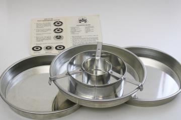 catalog photo of vintage all metal checkerboard cake pan set, tinned steel pans w/ recipe