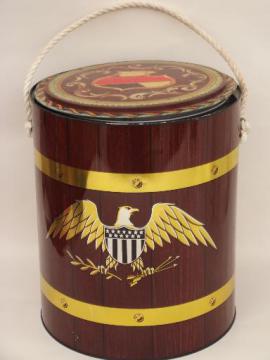 catalog photo of vintage all metal ice chest, round bucket picnic cooler w/ old paint