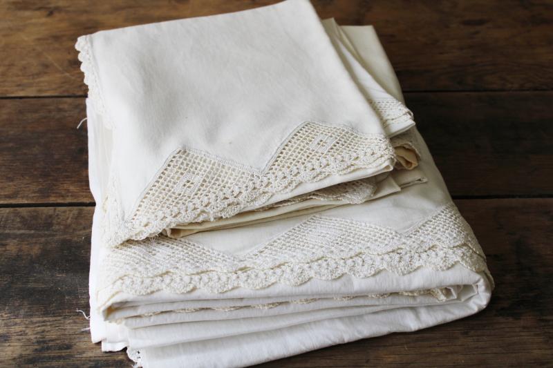 photo of vintage all white cotton pillowcases & bed sheet w/ handmade crochet lace #1