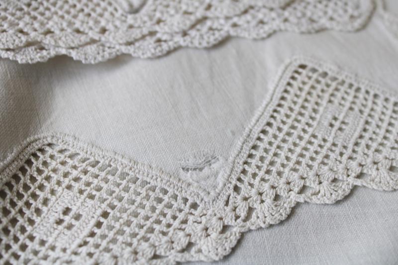 photo of vintage all white cotton pillowcases & bed sheet w/ handmade crochet lace #3