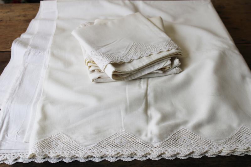 photo of vintage all white cotton pillowcases & bed sheet w/ handmade crochet lace #9