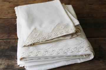 catalog photo of vintage all white cotton pillowcases & bed sheet w/ handmade crochet lace