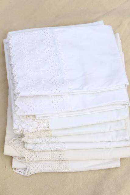 photo of vintage all white lace trimmed cotton pillowcases, eyelet embroidery trim & crochet edgings #1