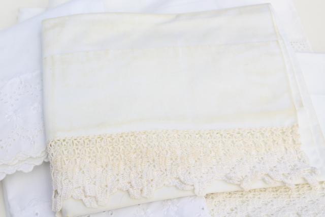 photo of vintage all white lace trimmed cotton pillowcases, eyelet embroidery trim & crochet edgings #3