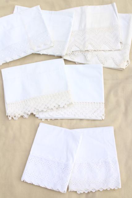 photo of vintage all white lace trimmed cotton pillowcases, eyelet embroidery trim & crochet edgings #4