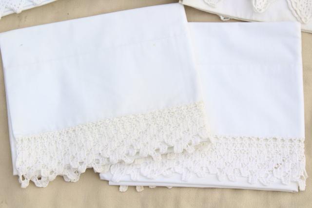 photo of vintage all white lace trimmed cotton pillowcases, eyelet embroidery trim & crochet edgings #7