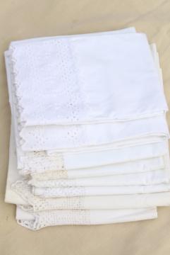 catalog photo of vintage all white lace trimmed cotton pillowcases, eyelet embroidery trim & crochet edgings