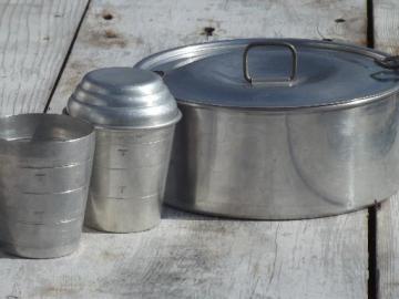 catalog photo of vintage aluminum backpacker's camping cookware, pan w/ lid, travel cups
