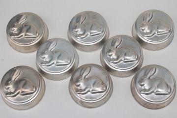 catalog photo of vintage aluminum baking pans for individual cakes or jello molds, Easter bunny rabbit