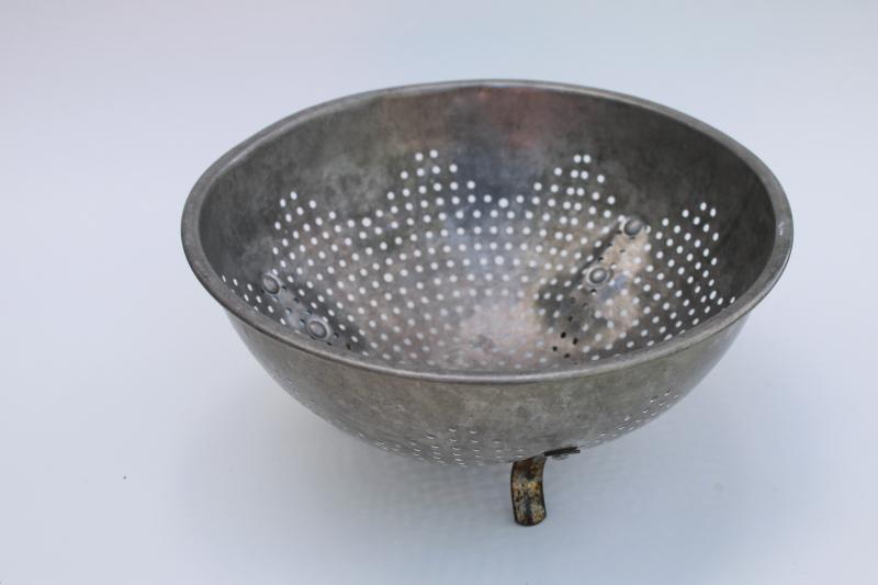 photo of vintage aluminum colander, rustic farmhouse kitchen strainer basket bowl #1