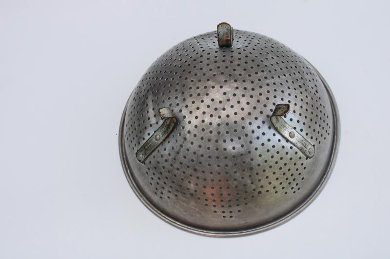 photo of vintage aluminum colander, rustic farmhouse kitchen strainer basket bowl #3