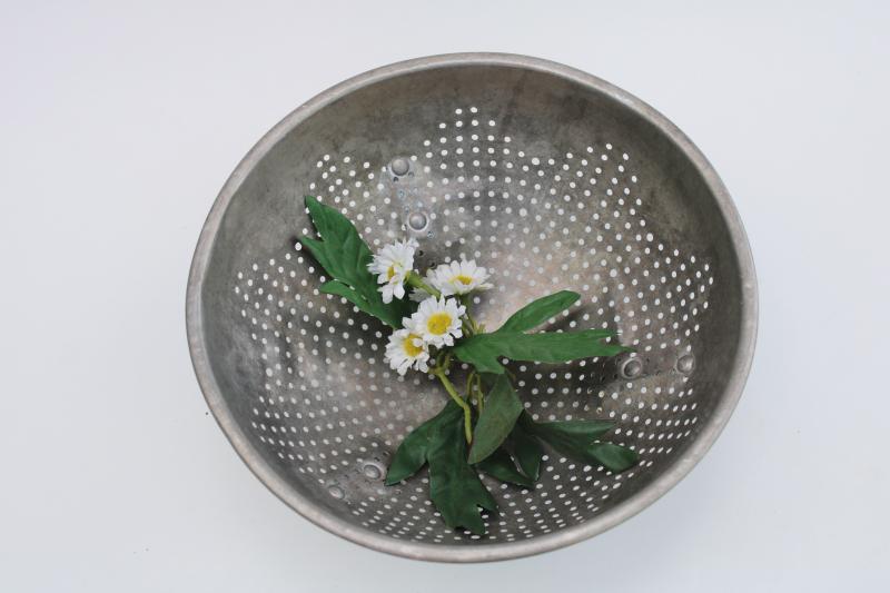 photo of vintage aluminum colander, rustic farmhouse kitchen strainer basket bowl #5