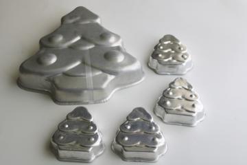 catalog photo of vintage aluminum jello mold set, silver Christmas tree & matching mini molds for craft or retro decor 