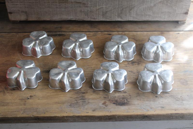 photo of vintage aluminum jello molds or mini cake pans, Irish shamrock three leaf clover #1