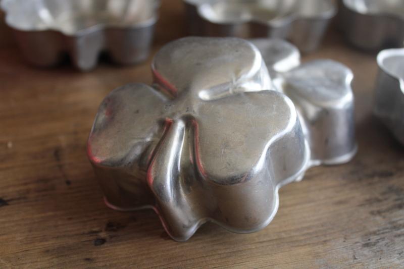 photo of vintage aluminum jello molds or mini cake pans, Irish shamrock three leaf clover #3