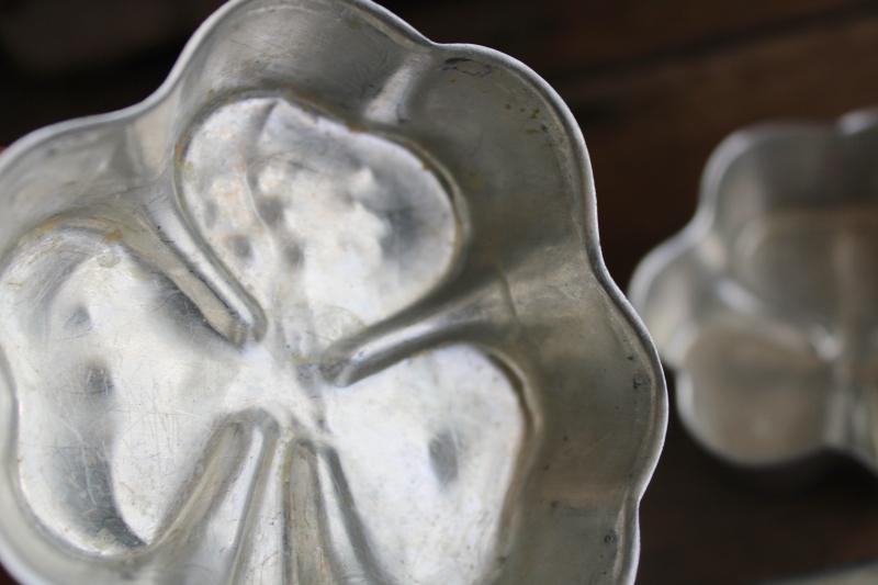 photo of vintage aluminum jello molds or mini cake pans, Irish shamrock three leaf clover #4