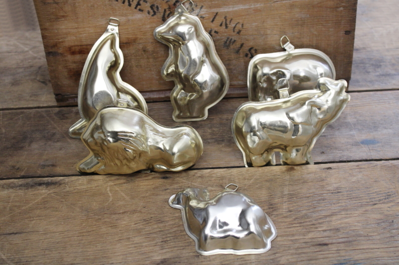 photo of vintage aluminum jello molds or tiny cake pans, party circus animals set #1