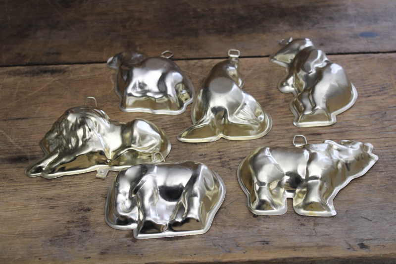 photo of vintage aluminum jello molds or tiny cake pans, party circus animals set #3