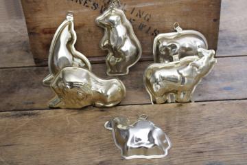 catalog photo of vintage aluminum jello molds or tiny cake pans, party circus animals set