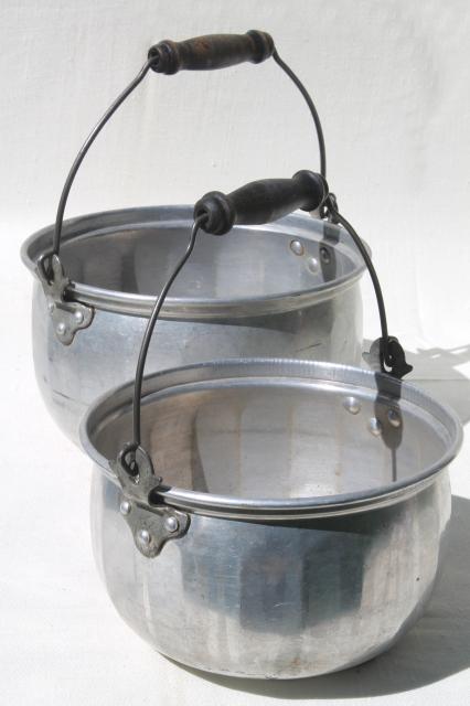 photo of vintage aluminum jelly kettle pans or camping cook pots w/ wire bail handles #1