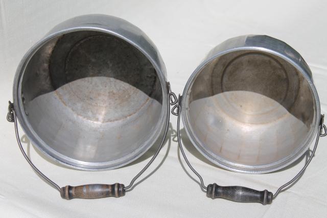 photo of vintage aluminum jelly kettle pans or camping cook pots w/ wire bail handles #3