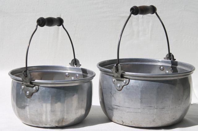 photo of vintage aluminum jelly kettle pans or camping cook pots w/ wire bail handles #5