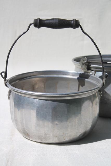 photo of vintage aluminum jelly kettle pans or camping cook pots w/ wire bail handles #7