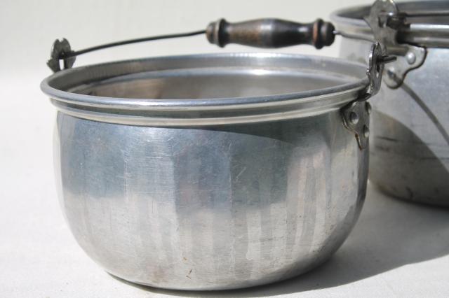 photo of vintage aluminum jelly kettle pans or camping cook pots w/ wire bail handles #8